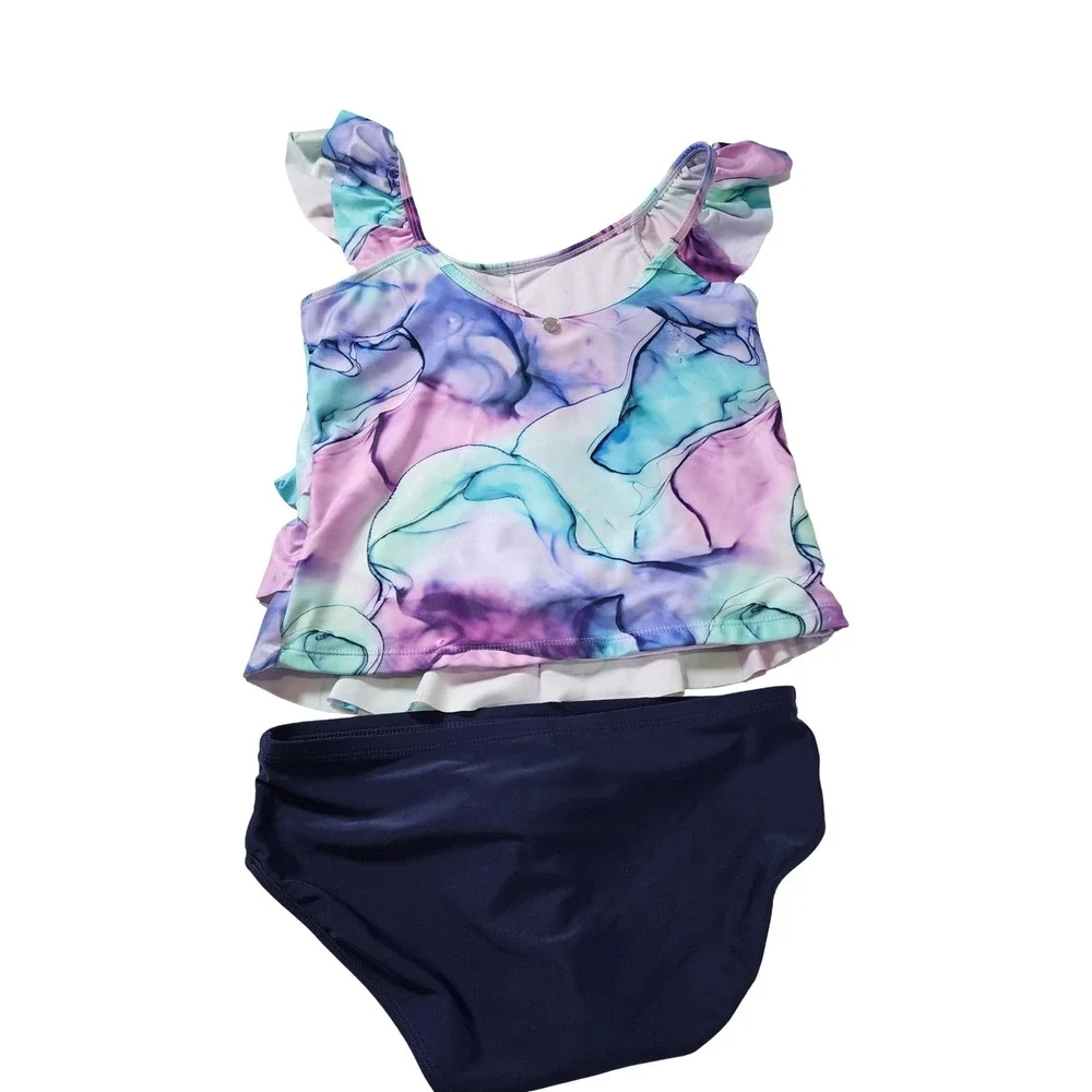 Justice Girls Purple Blue Marble Swirl Ruffle Tankini Swimsuit Set XL 16/18
